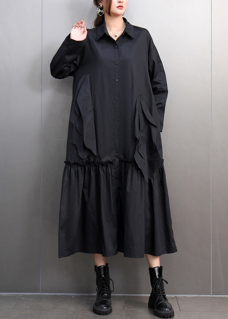 Black Maxi Shirts Dress Ruffled Patchwork Spring