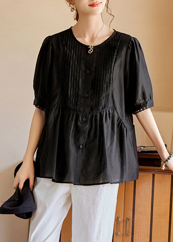 Black O-Neck Ruffled Wrinkled Silk Tops Short Sleeve