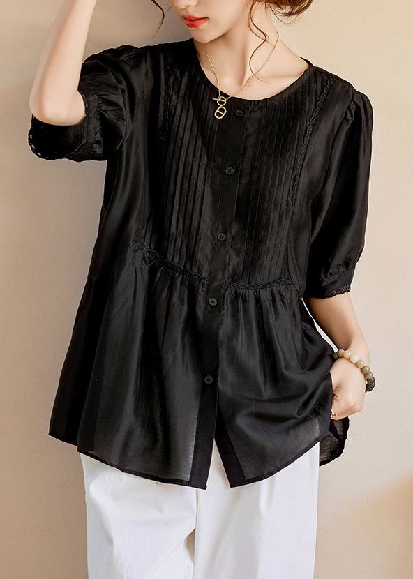 Black O-Neck Ruffled Wrinkled Silk Tops Short Sleeve