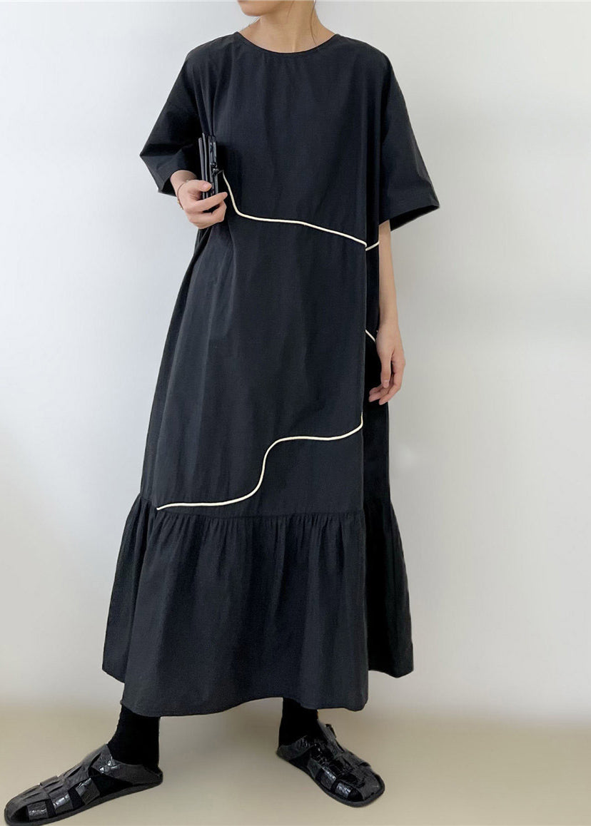 Black O-Neck Wrinkled Long Dress Summer