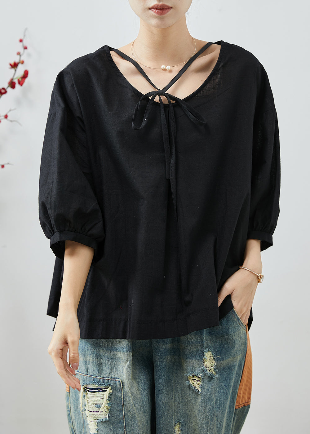 Black Oversized Cotton Shirt Top Lace Up Summer