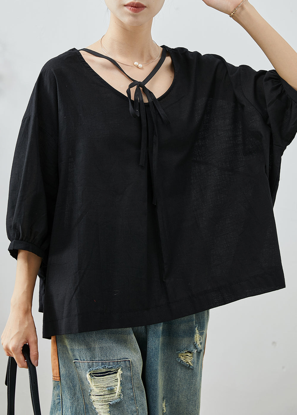 Black Oversized Cotton Shirt Top Lace Up Summer