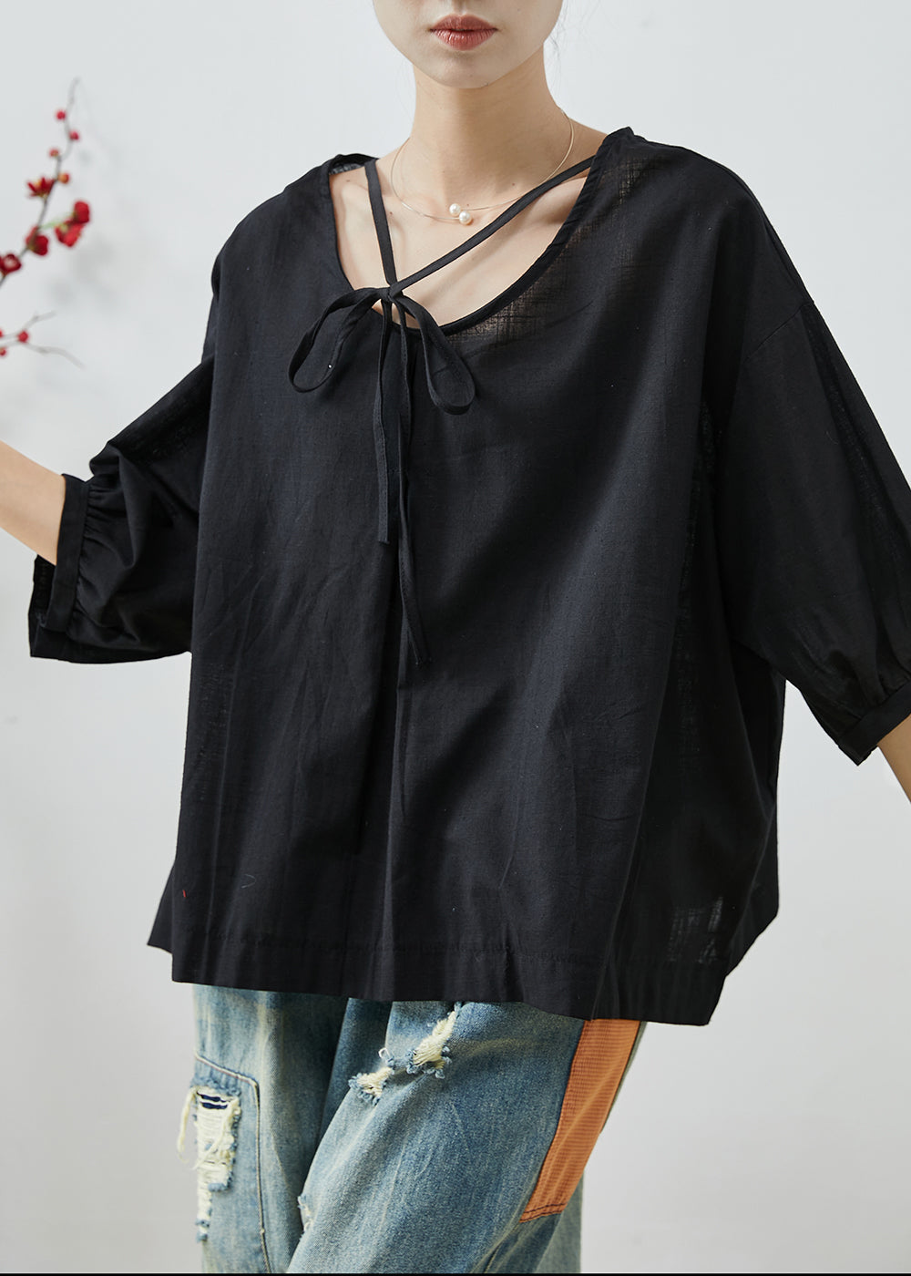 Black Oversized Cotton Shirt Top Lace Up Summer