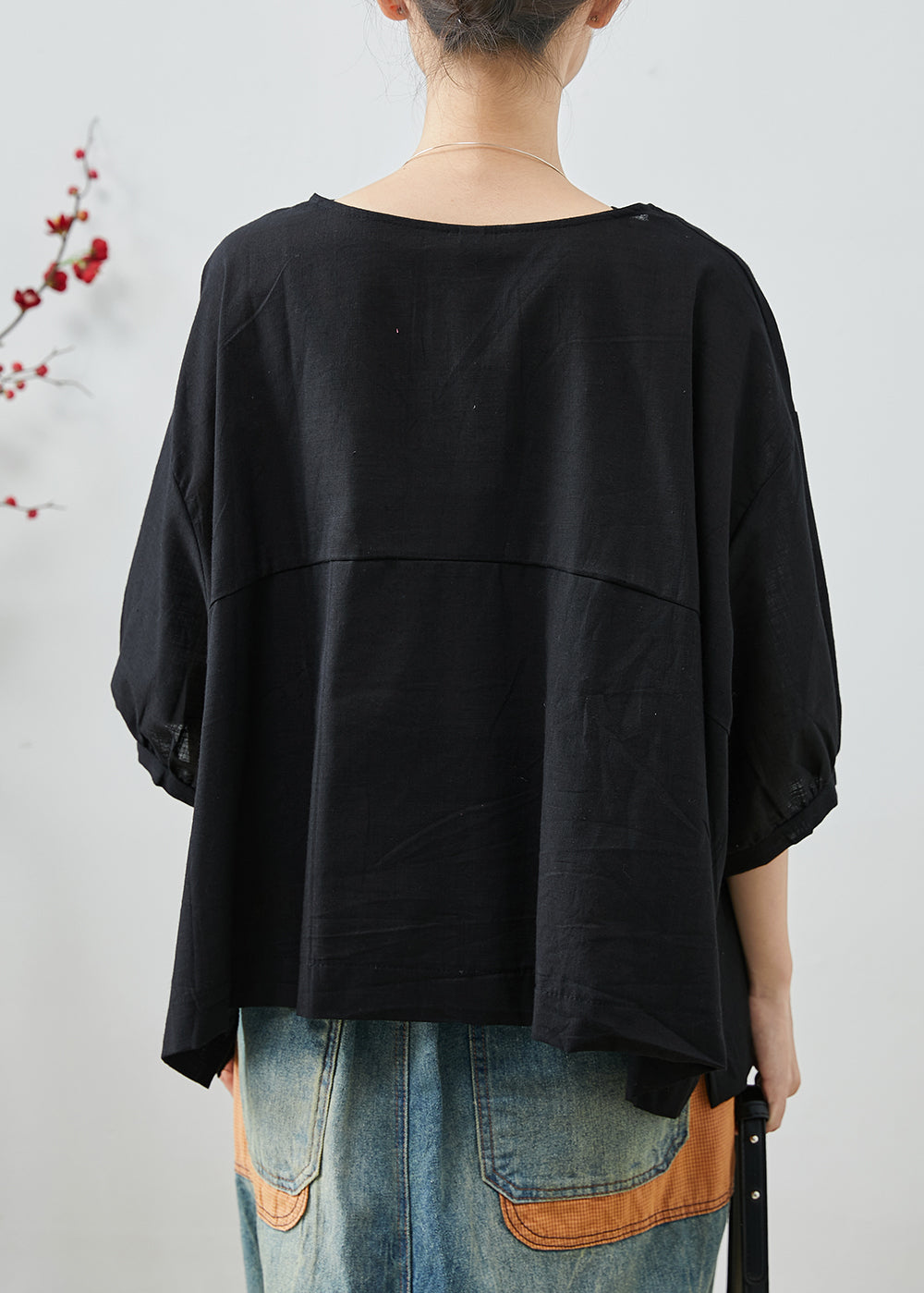 Black Oversized Cotton Shirt Top Lace Up Summer