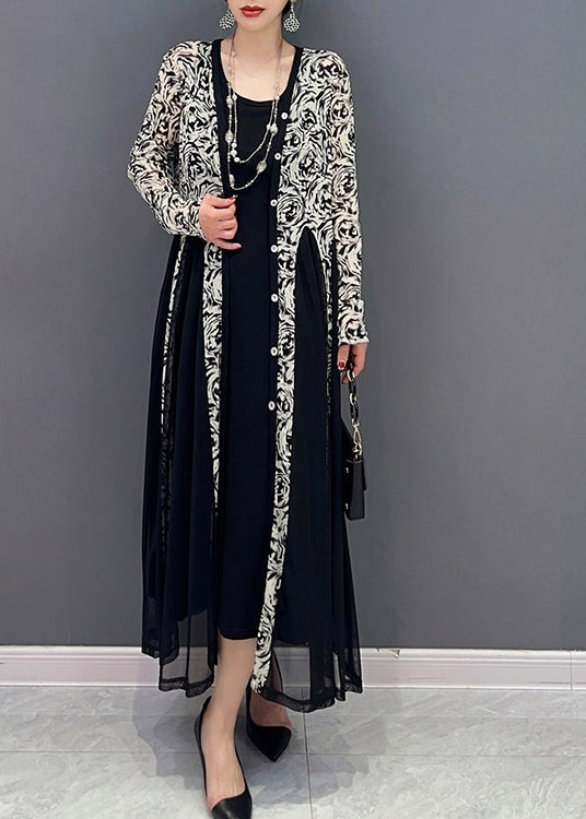 Black Patchwork Button Tulle Long Dresses Long Sleeve