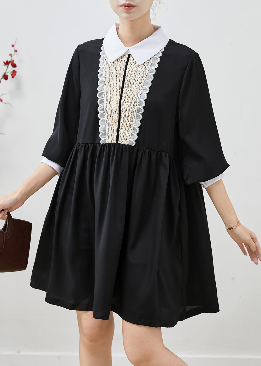 Black Patchwork Chiffon Day Dress Peter Pan Collar Summer