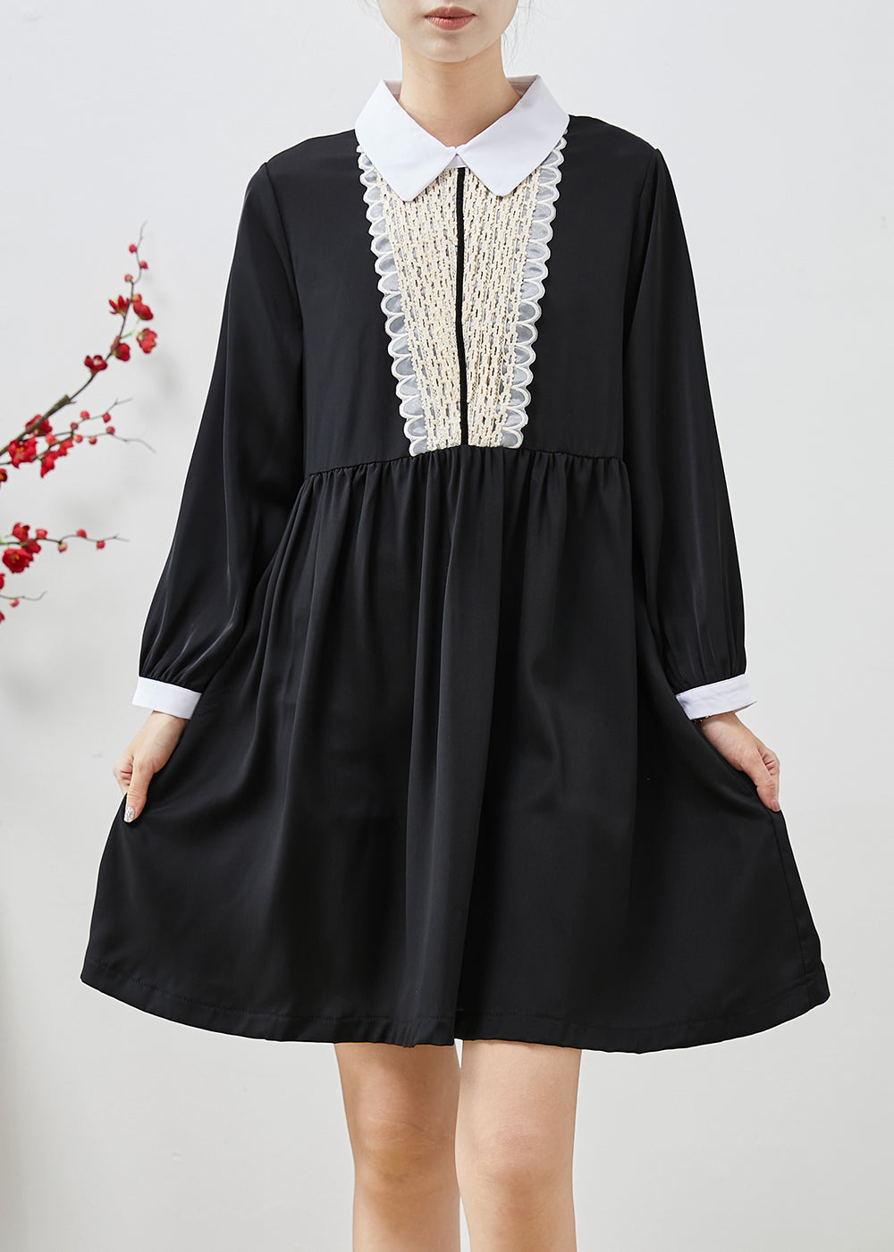 Black Patchwork Chiffon Day Dress Peter Pan Collar Summer