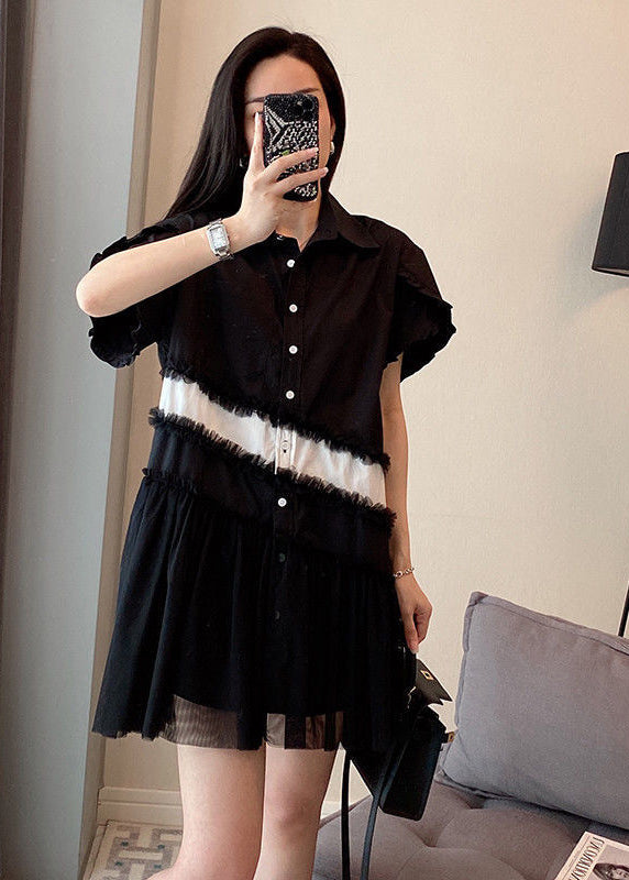 Black Patchwork Cotton Mini Dresses Oversized Wrinkled Summer