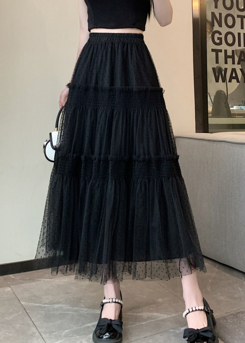 Black Patchwork Italian Tulle Skirt Ruffled Elastic Waist Spring