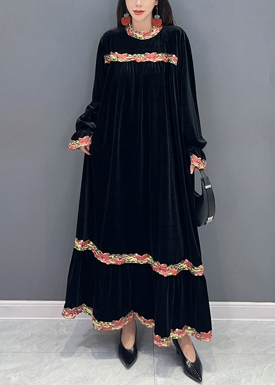 Black Patchwork Silk Velvet Stand Collar Long Dress Spring