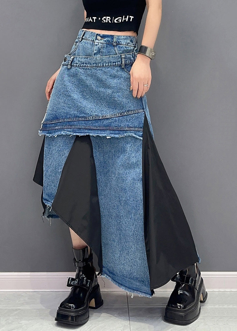 Black Pockets Patchwork Denim Skirts Asymmetrical Summer