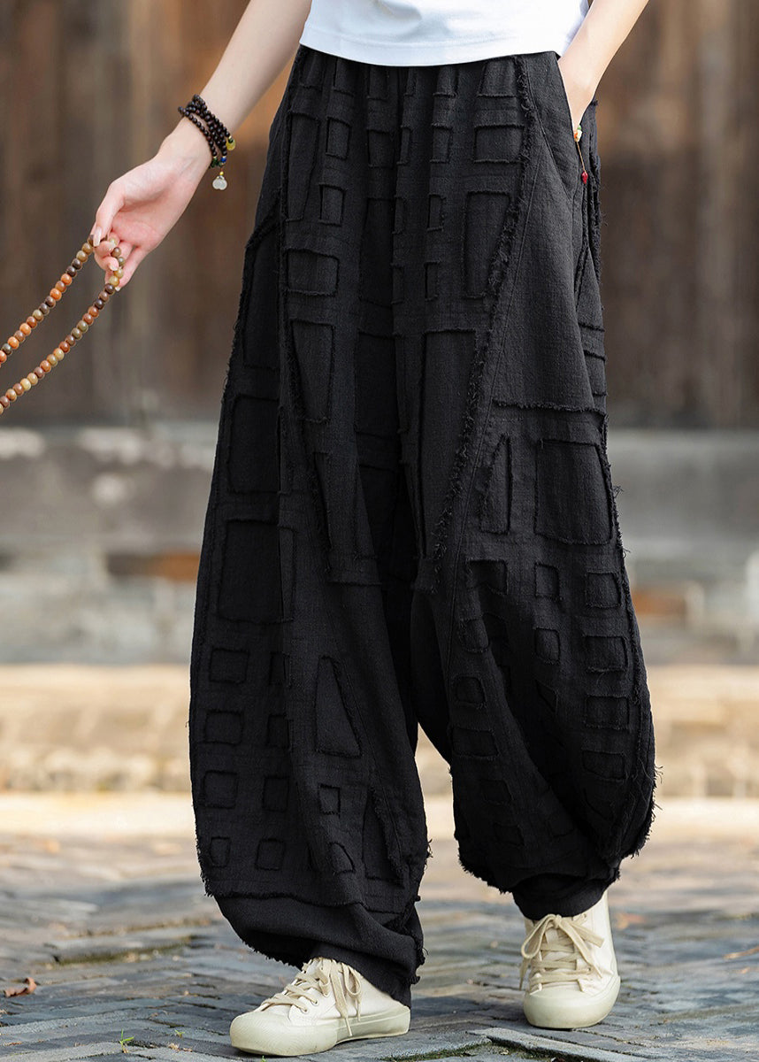 Black Pockets Patchwork Linen Lantern Pants Elastic Waist Fall