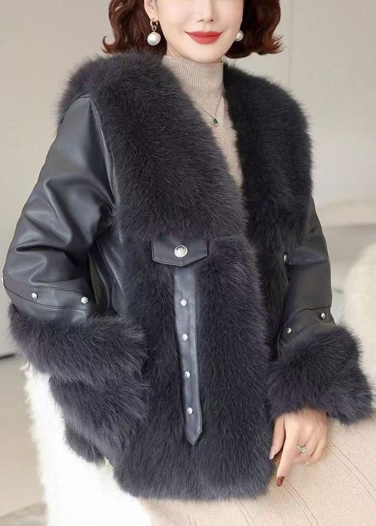 Black Pockets Patchwork Mink Velvet Coats V Neck Winter