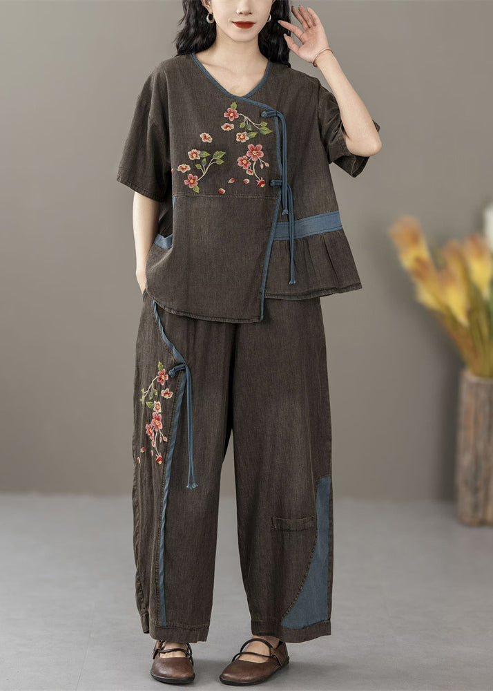 Black Pockets Patchwork Two Pieces Set Embroidered Short Sleeve
