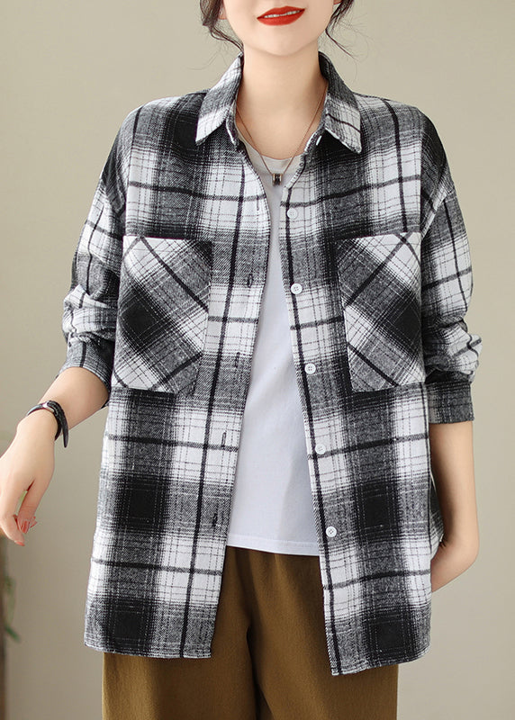 Black Pockets Plaid Casual Cotton Shirts Coat Peter Pan Collar Fall