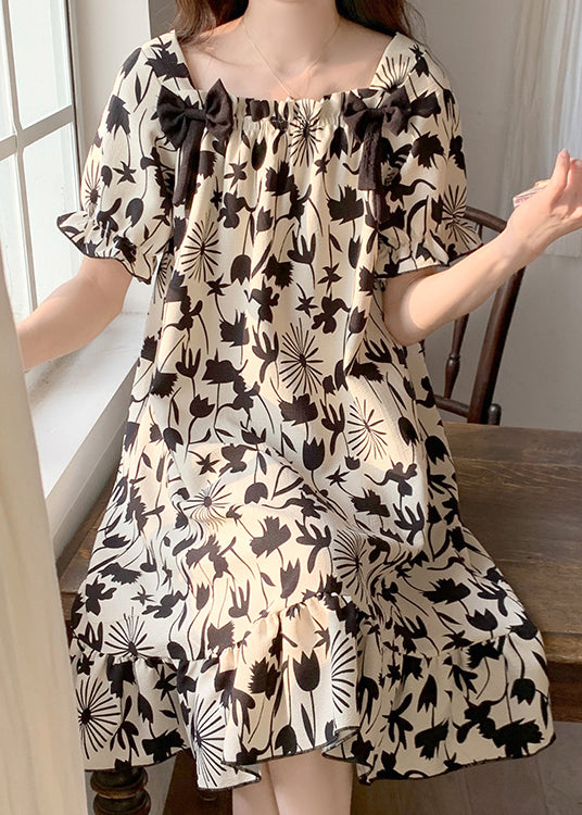 Black Print Bow Pajamas Dresses Square Collar Butterfly Sleeve