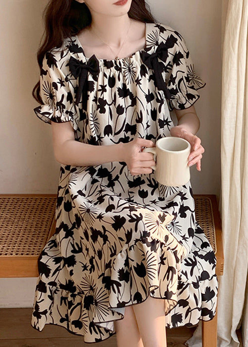 Black Print Bow Pajamas Dresses Square Collar Butterfly Sleeve