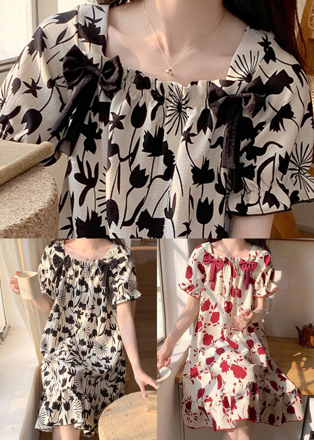 Black Print Bow Pajamas Dresses Square Collar Butterfly Sleeve