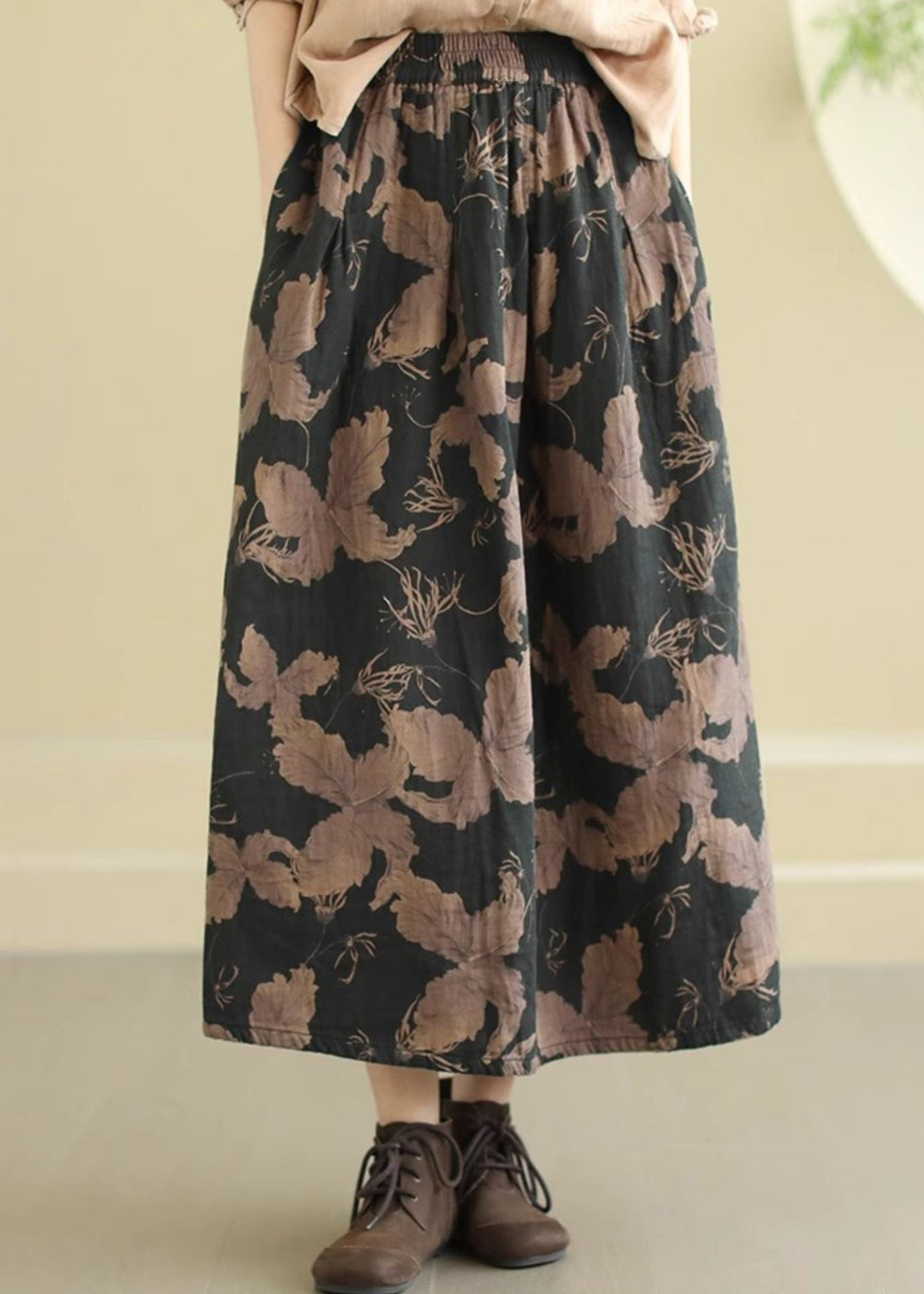 Black Print Cotton A Line Skirts Elastic Waist Spring