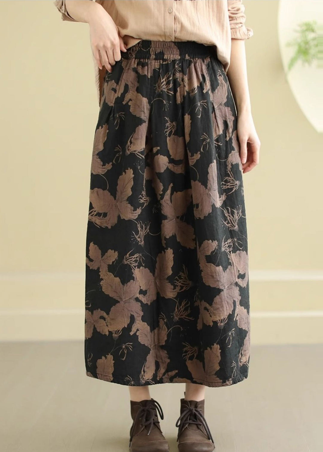 Black Print Cotton A Line Skirts Elastic Waist Spring