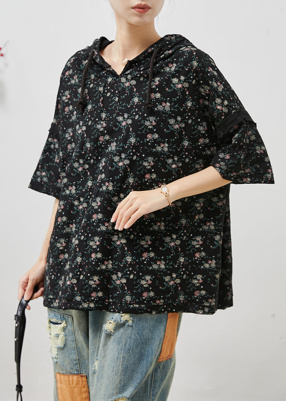 Black Print Cotton Hooded Sweatshirts Top Oversized Summer