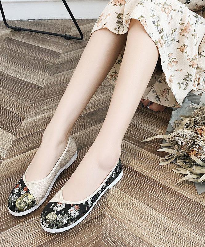 Black Print Linen Fabric Stylish Splicing Flats - SooLinen