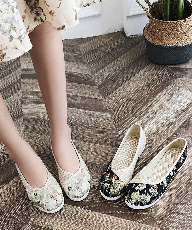 Black Print Linen Fabric Stylish Splicing Flats - SooLinen