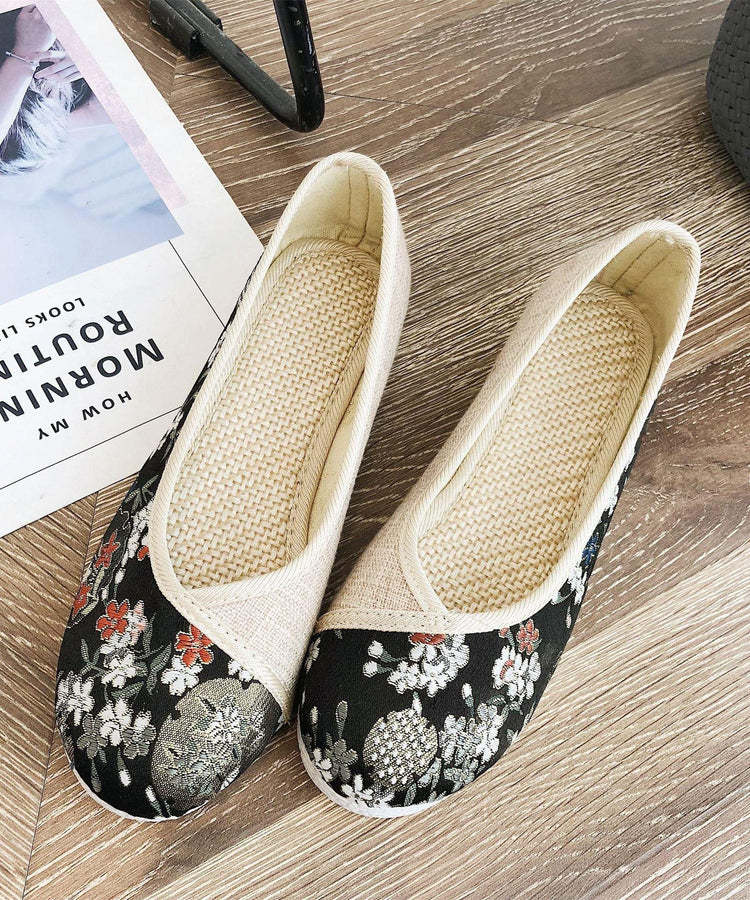 Black Print Linen Fabric Stylish Splicing Flats - SooLinen