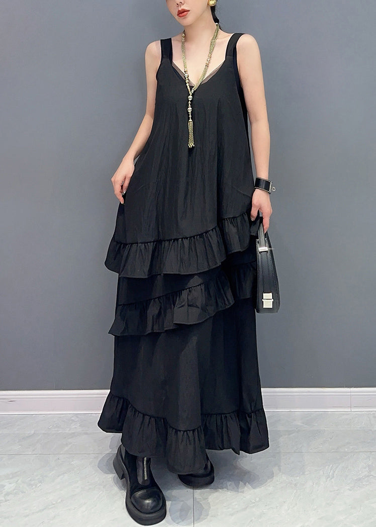 Black Ruffled Patchwork Cotton Long Dresses U Neck Summer