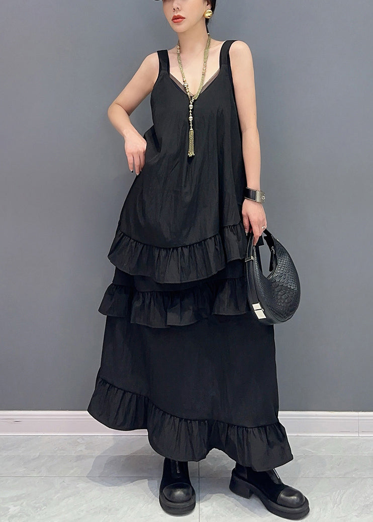 Black Ruffled Patchwork Cotton Long Dresses U Neck Summer