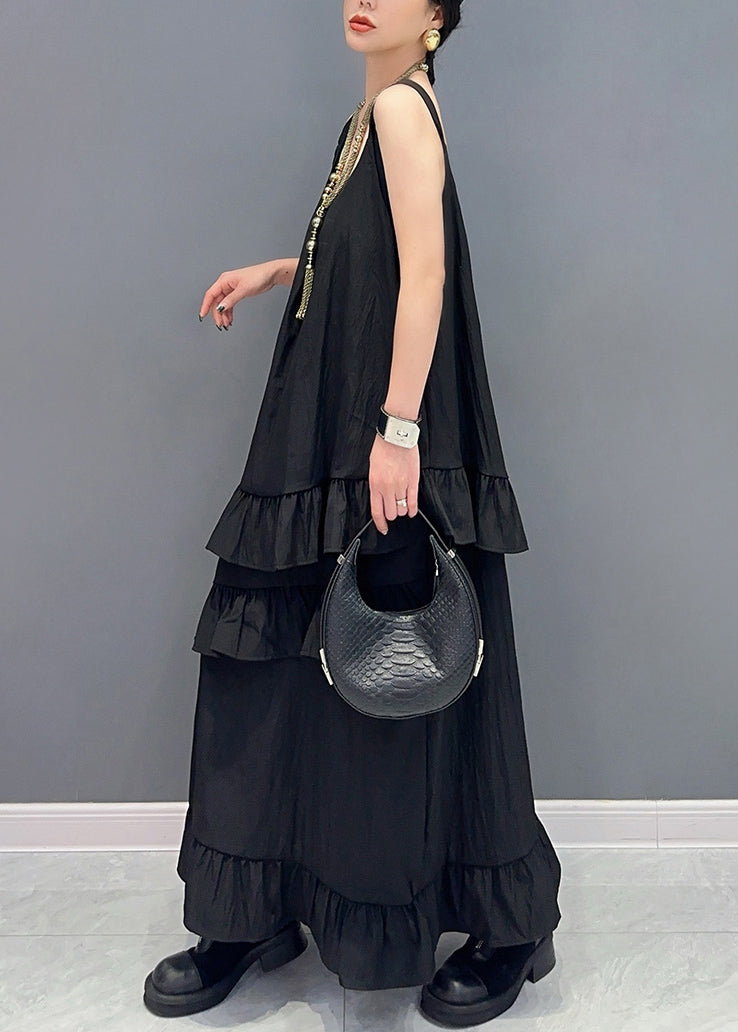 Black Ruffled Patchwork Cotton Long Dresses U Neck Summer