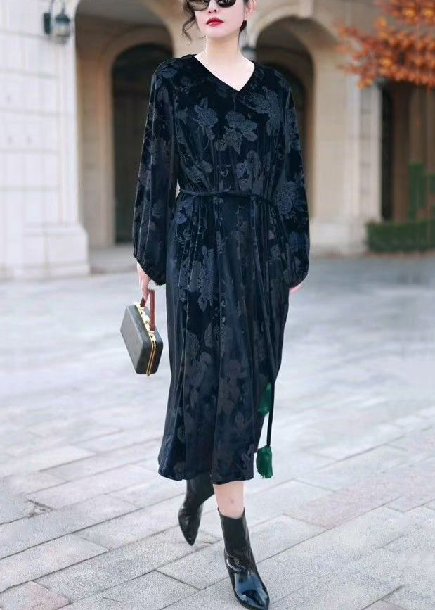 Black Side Open Silk Velvet Long Dress V Neck Winter