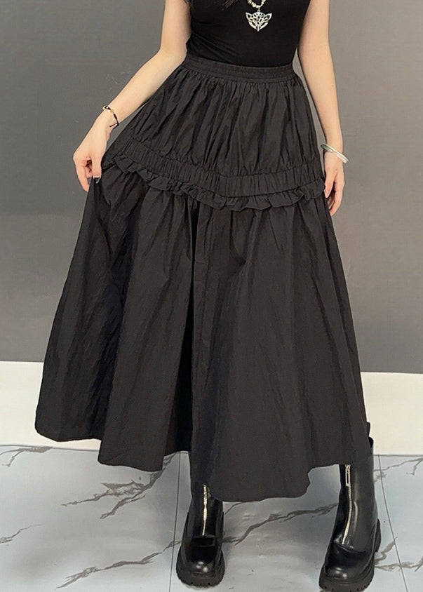 Black Solid Elastic Waist Loose Cotton Fall Skirts Ruffled