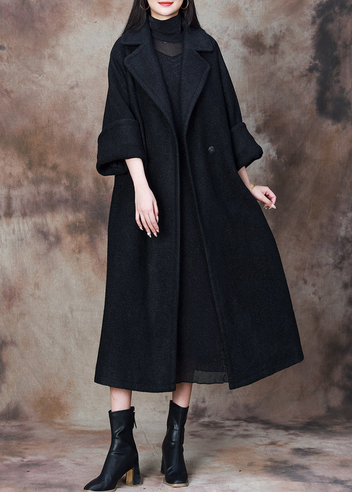 Black Solid Loose Woolen Coats Notched Winter