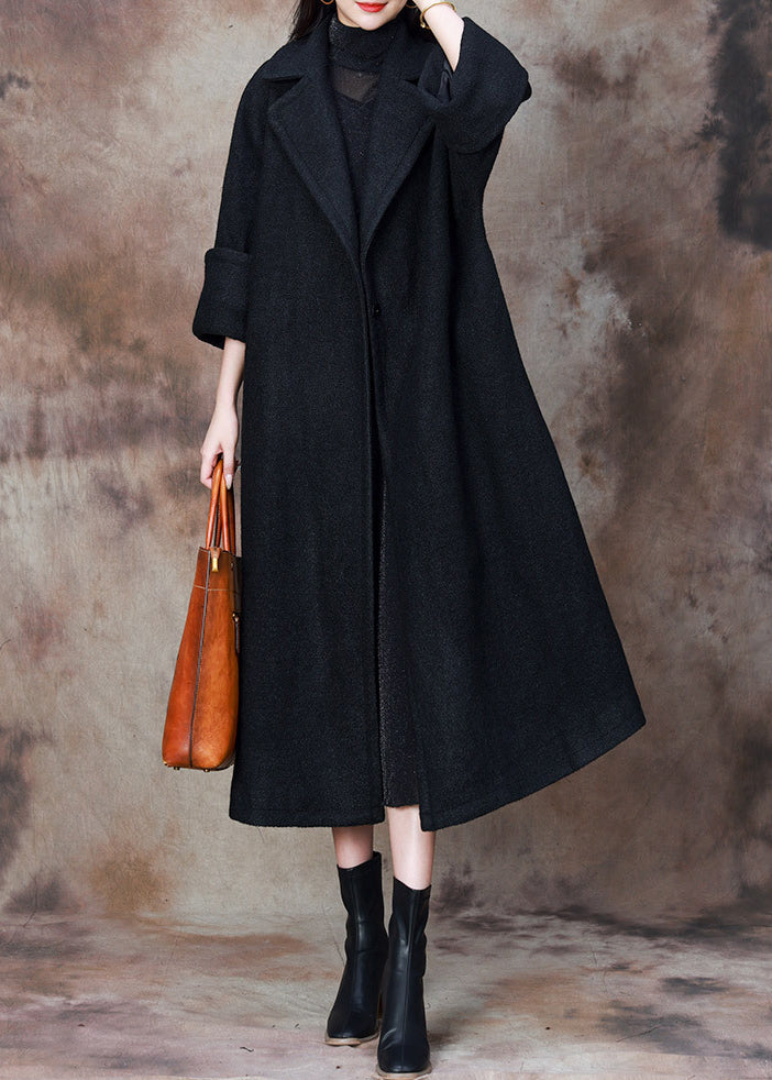 Black Solid Loose Woolen Coats Notched Winter