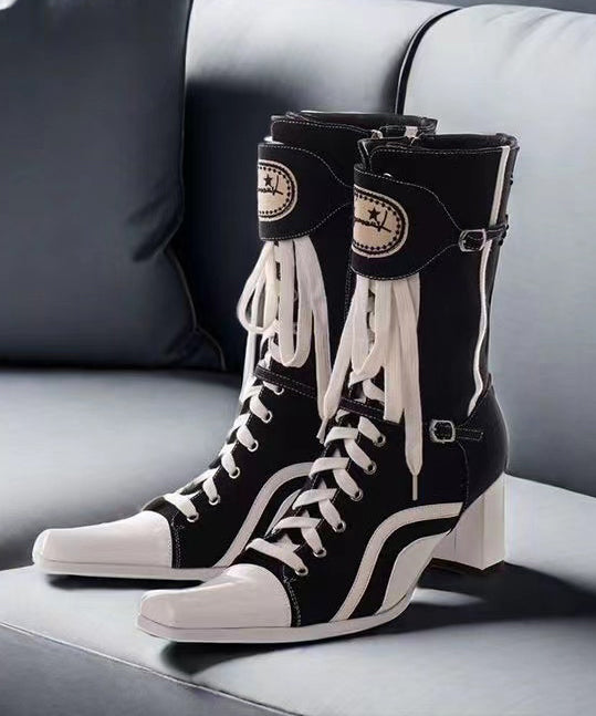 Black Splicing Canvas Cross Strap Chunky Boots