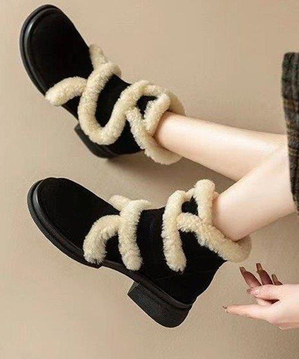 Black Splicing Suede Chunky Boots Fuzzy Wool Lined