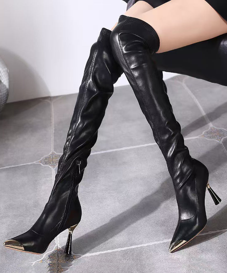 Black Stiletto Faux Leather Stylish Splicing Knee Boots