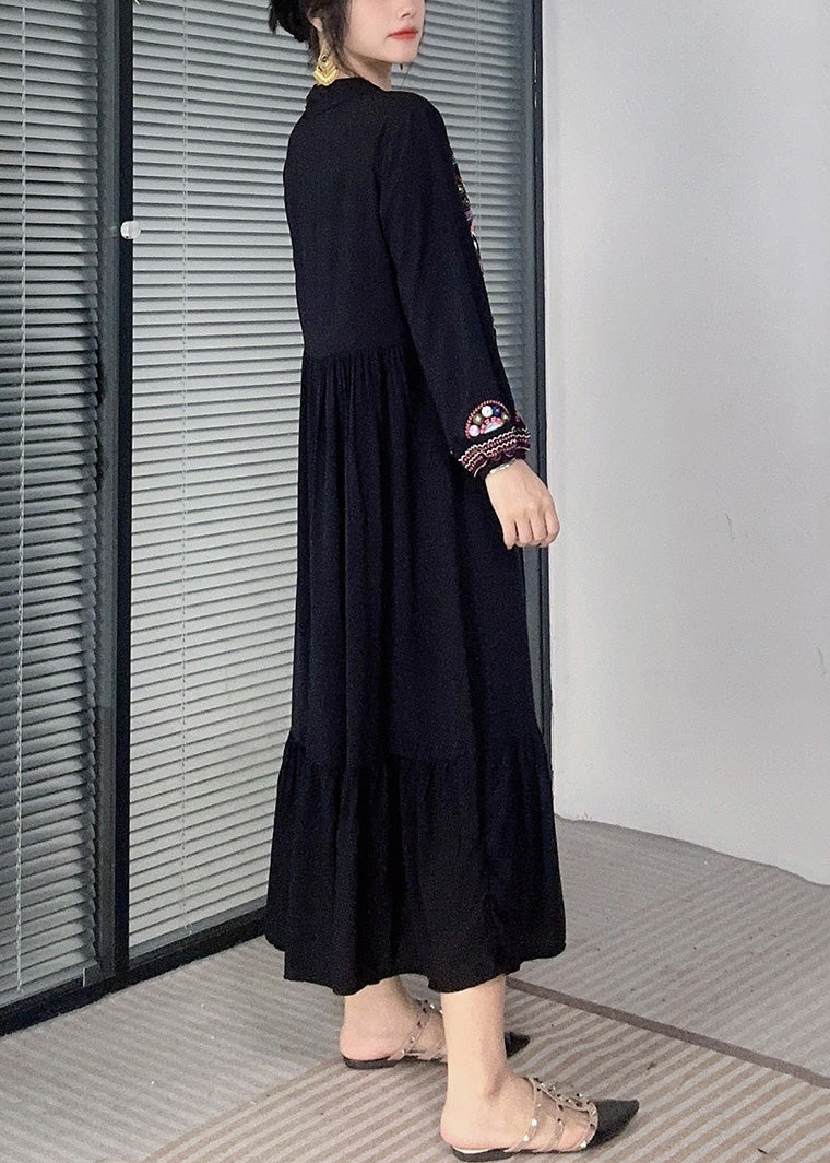 Black Tasseled Solid Cotton Long Dress Embroidered Long Sleeve