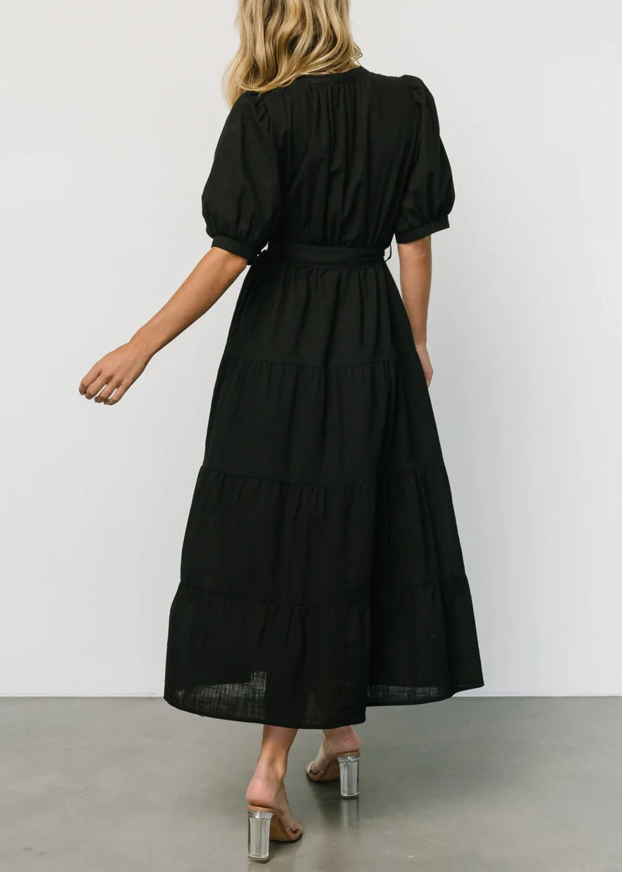 Black Tie Waist Cotton Long Dresses V Neck Short Sleeve