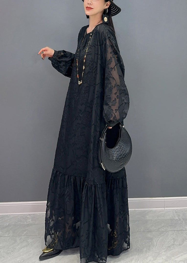 Black Tie Waist Long Dress O Neck Long Sleeve