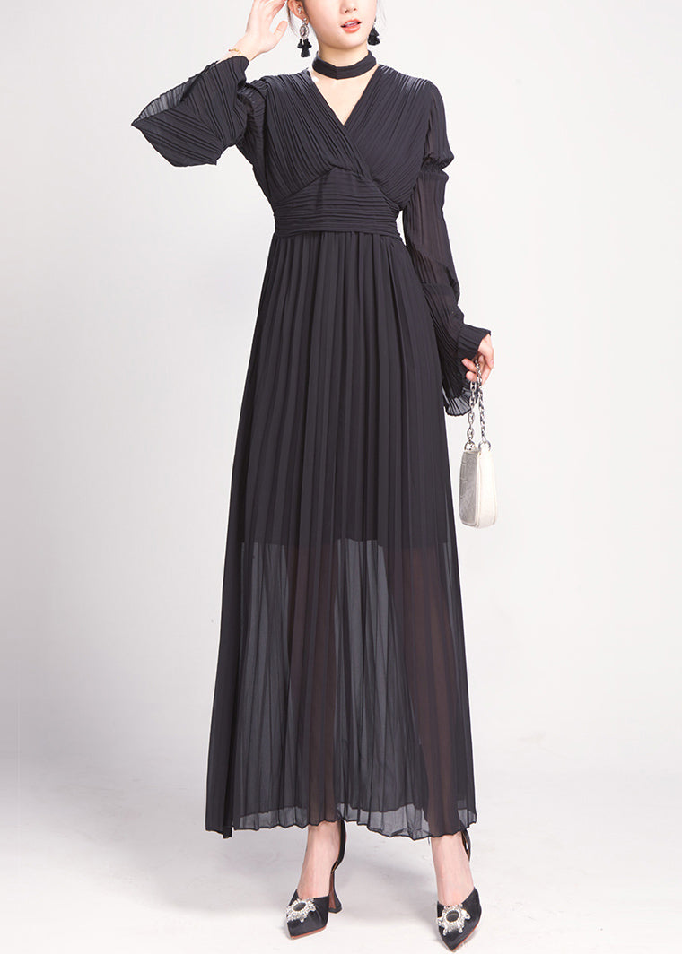 Black Wrinkled Chiffon Holiday Dress V Neck Flare Sleeve