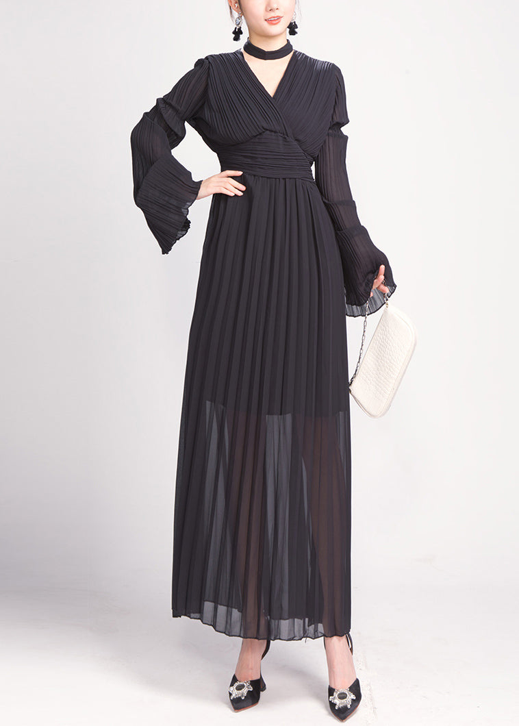 Black Wrinkled Chiffon Holiday Dress V Neck Flare Sleeve