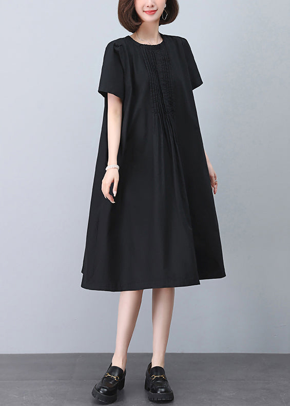 Black Wrinkled Cotton Dresses O Neck Short Sleeve