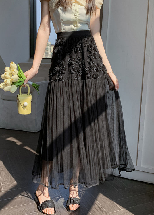 Black Wrinkled Patchwork Tulle Skirt High Waist Spring