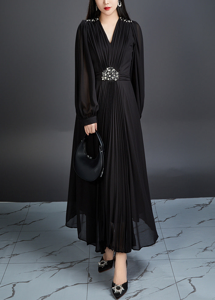 Black Zircon Chiffon Long Dresses V Neck Long Sleeve