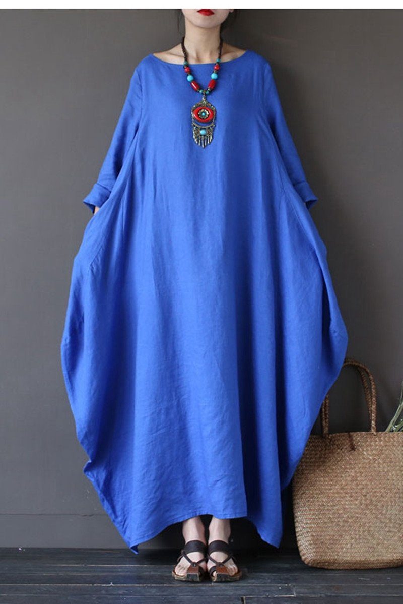 Blue Bat Sleeve Casual Long Dress Plus Size Women Dress