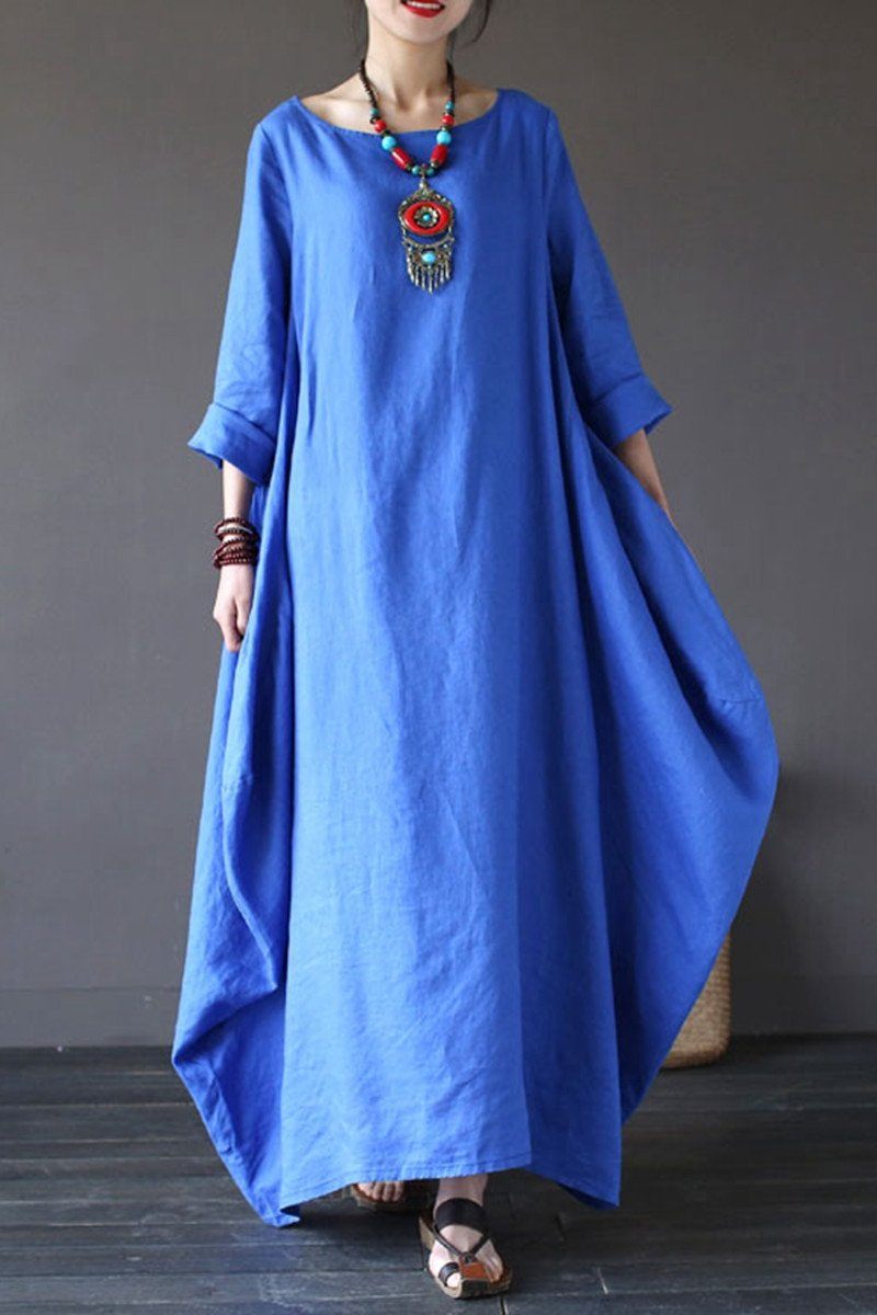 Blue Bat Sleeve Casual Long Dress Plus Size Women Dress