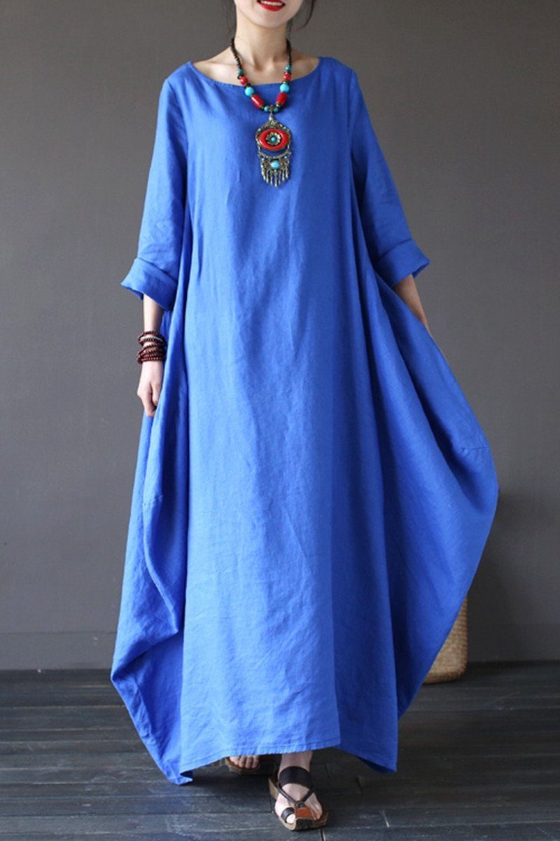 Blue Bat Sleeve Casual Long Dress Plus Size Women Dress