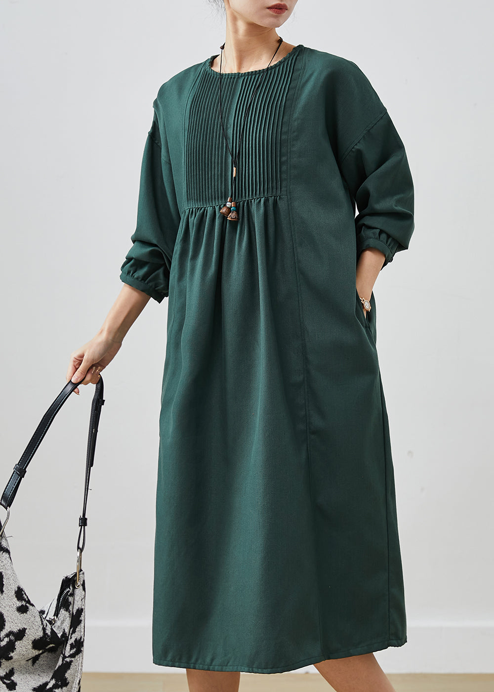 Blackish Green Cotton Holiday Dresses Oversized Wrinkled Spring